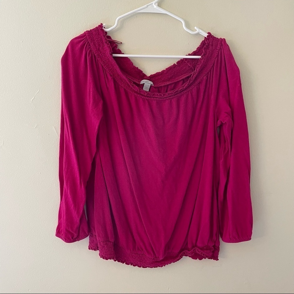 Old Navy deep pink off the shoulder 3/4 sleeve top flowy ruffle shirt cotton